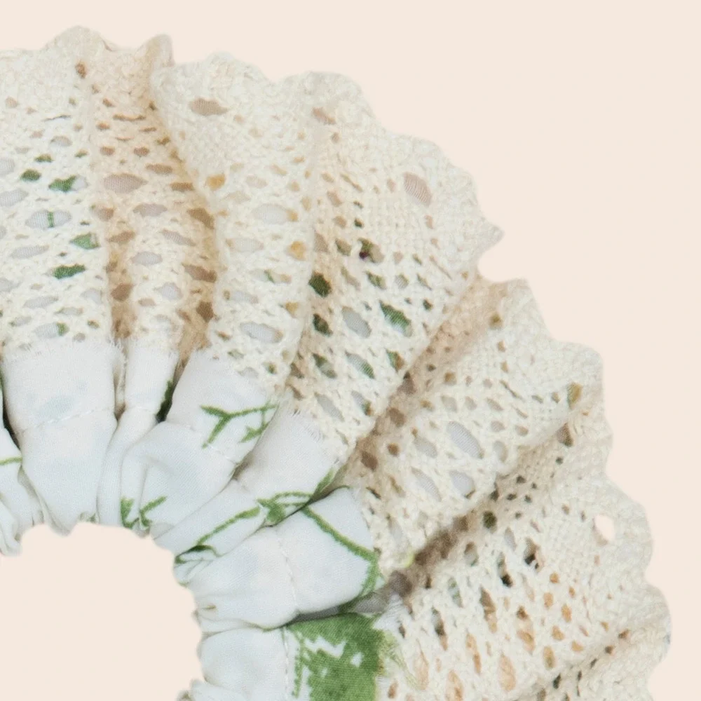 Kids Floral Scrunchie with Crochet Lace Trim Green White Cottagecore Hair Tie
